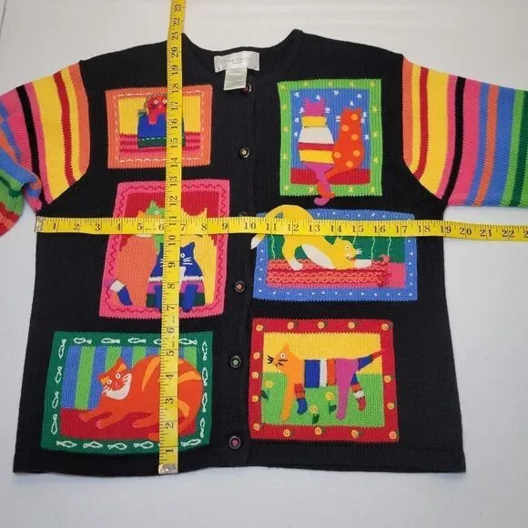 Susan Bristol Colorful Cat Pattern Women's Sweater Cardigan Y2K Patchwork - Picture 12 of 14